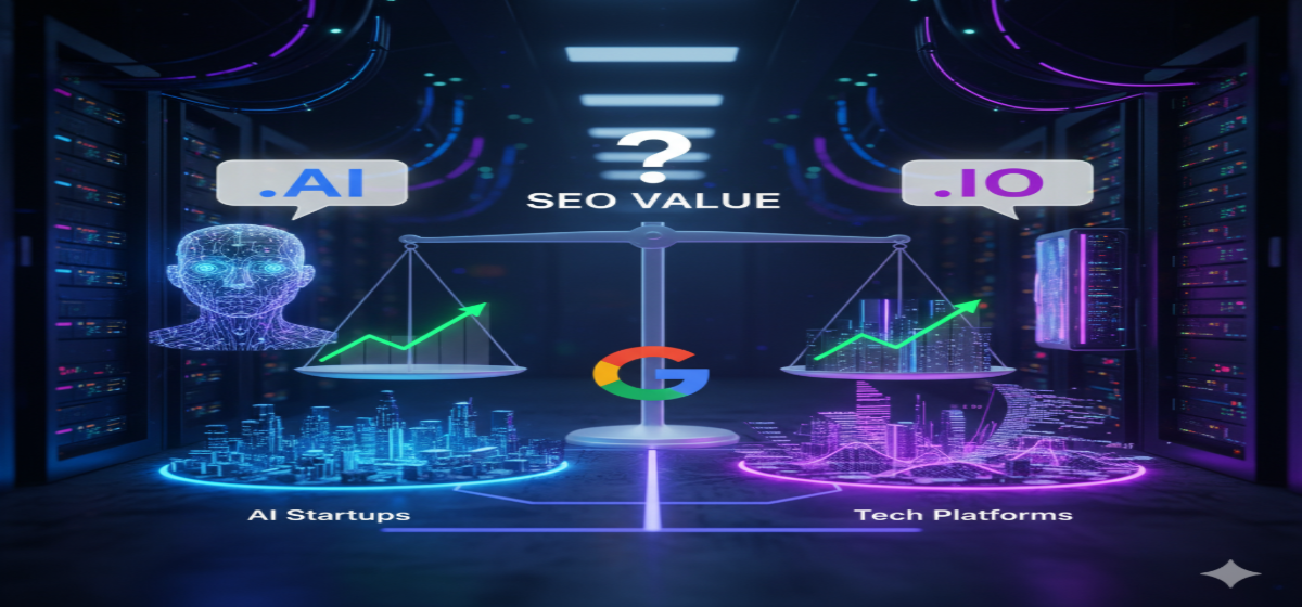 Digital illustration comparing AI and IO domains for search engine optimization.