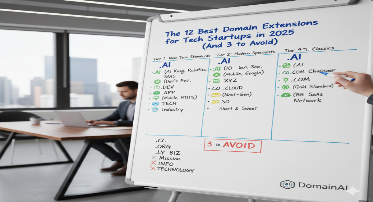 A whiteboard showing a comparison of the best domain extensions for tech startups.