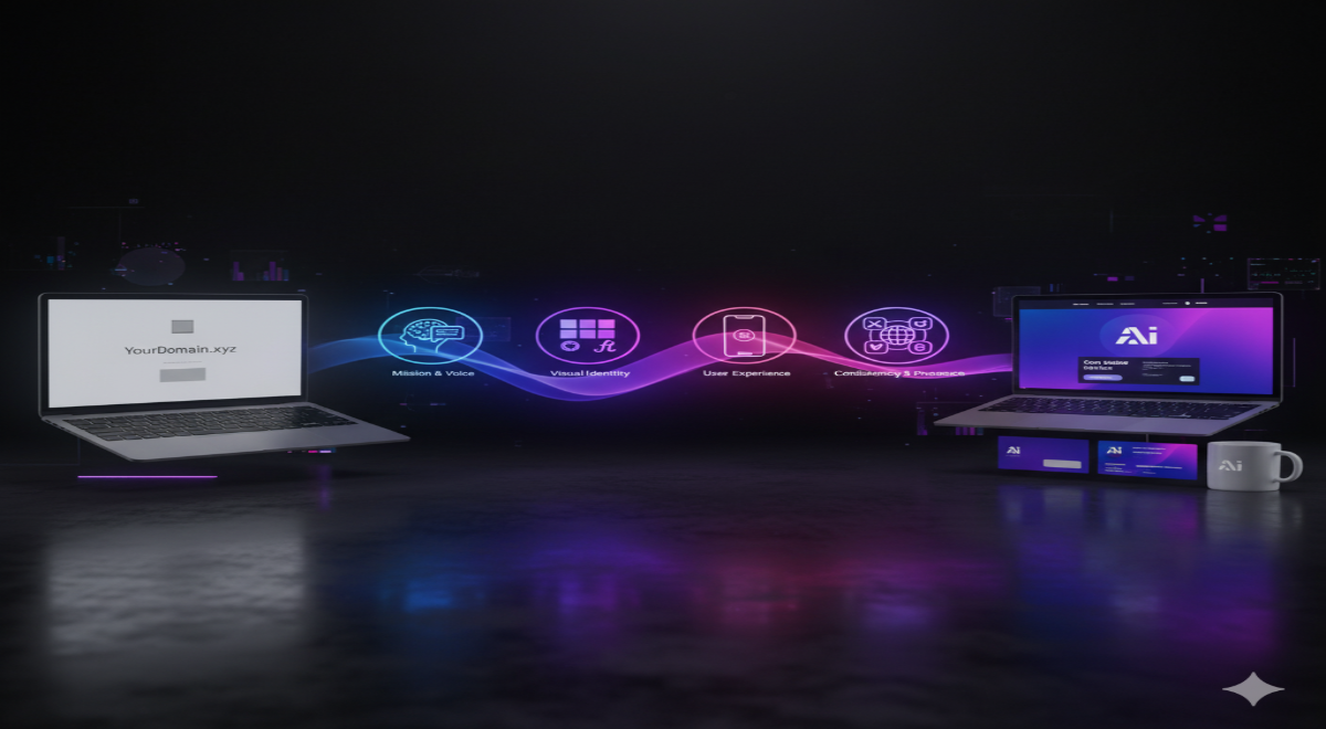 A simple website logo transforming into a full-fledged brand identity.