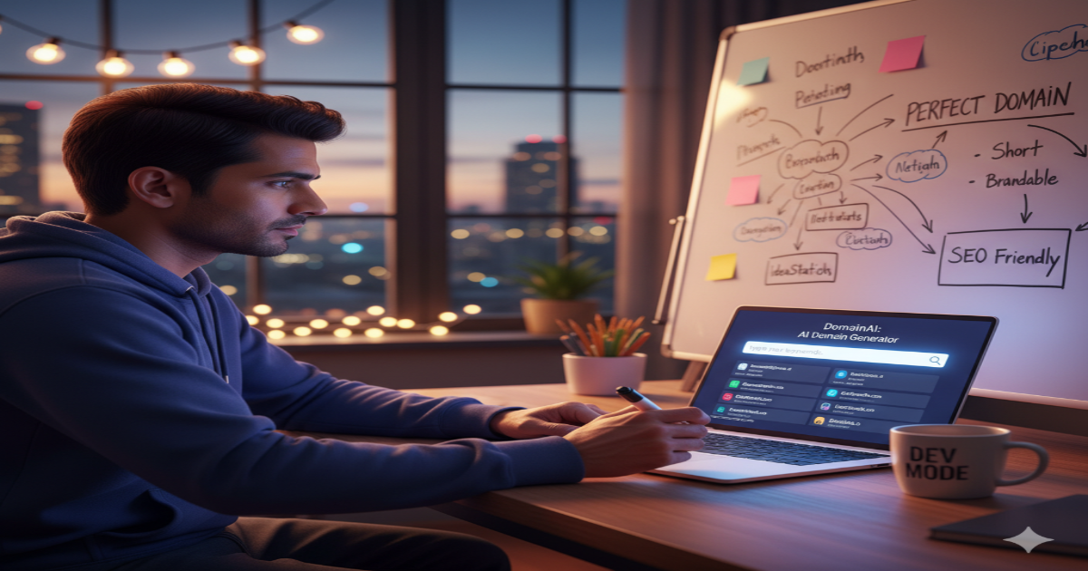 A person brainstorming domain names on a laptop.