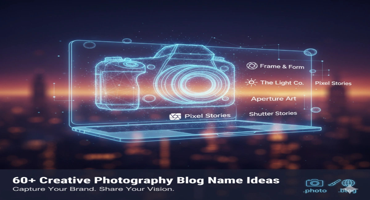 A stylish camera next to a laptop showing a beautiful photography blog homepage.