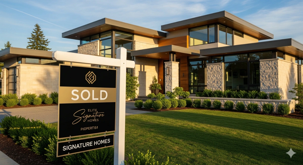 A modern luxury home with a Sold sign in the front yard.