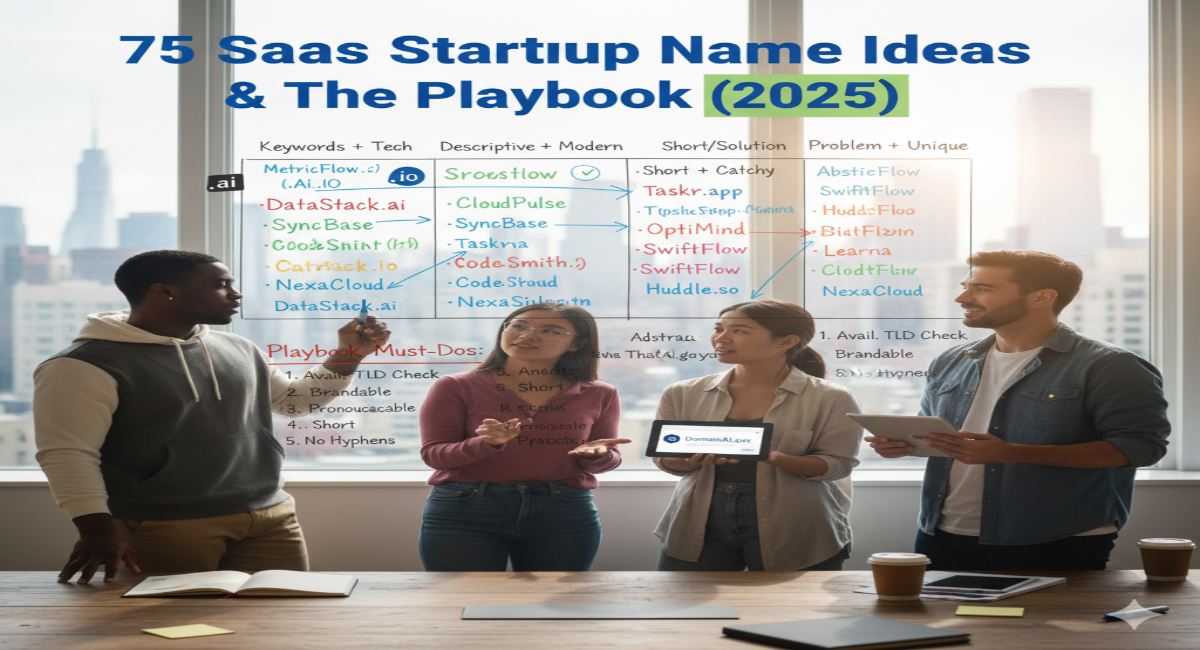 A clean, digital graphic illustrating creative domain name concepts for tech startups.